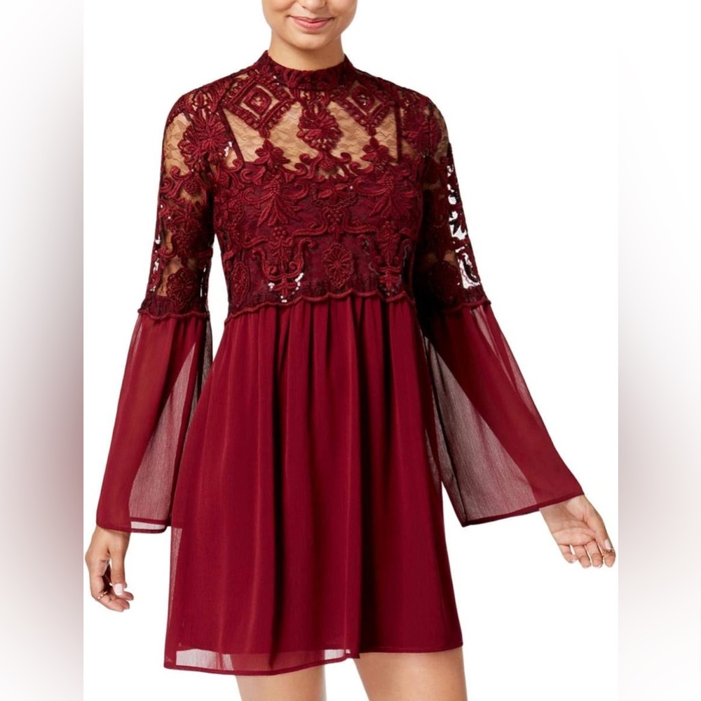Trixxi Womens Juniors Bell Sleeves Sequined Mini Dress Red S